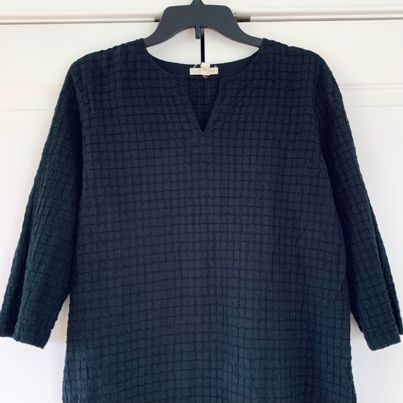 Eileen Fisher Black Tunic Blouse Organic Cotton 3/4 Sleeve Grid Cover Up Small - Picture 3 of 8
